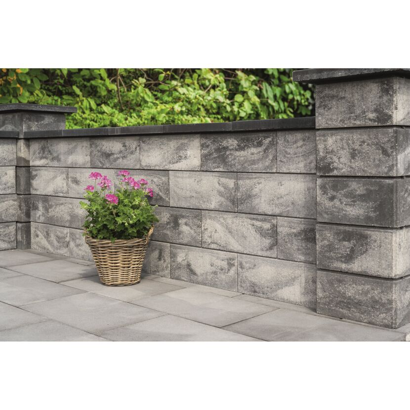 Graue Gartenmauer mit Blumentöpfen