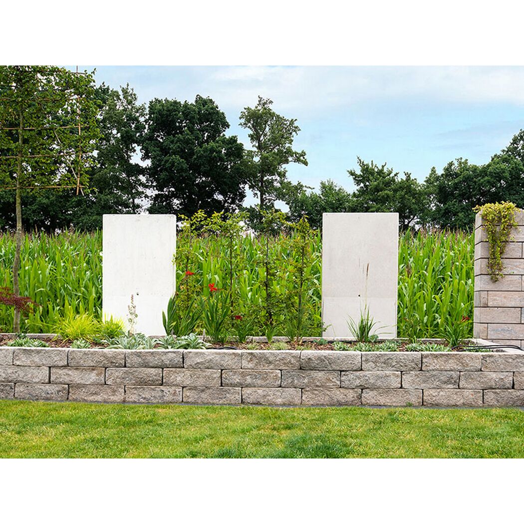 Garten mit Hochbeet und Maisfeld im Hintergrund