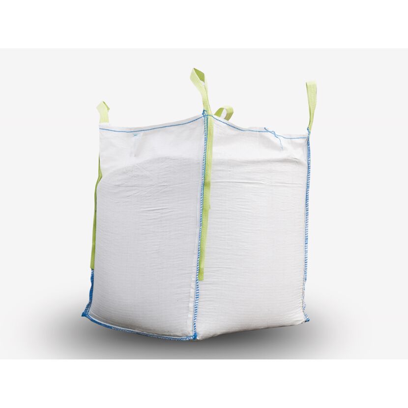 Weißer Big Bag mit grünen Henkeln.