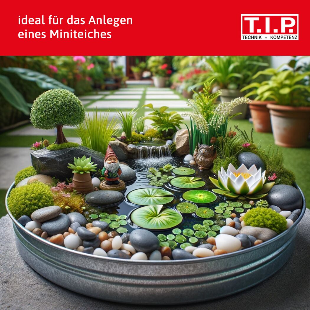 Miniaturteich mit Wasserfall, Seerosen, Gnom und Deko-Figur