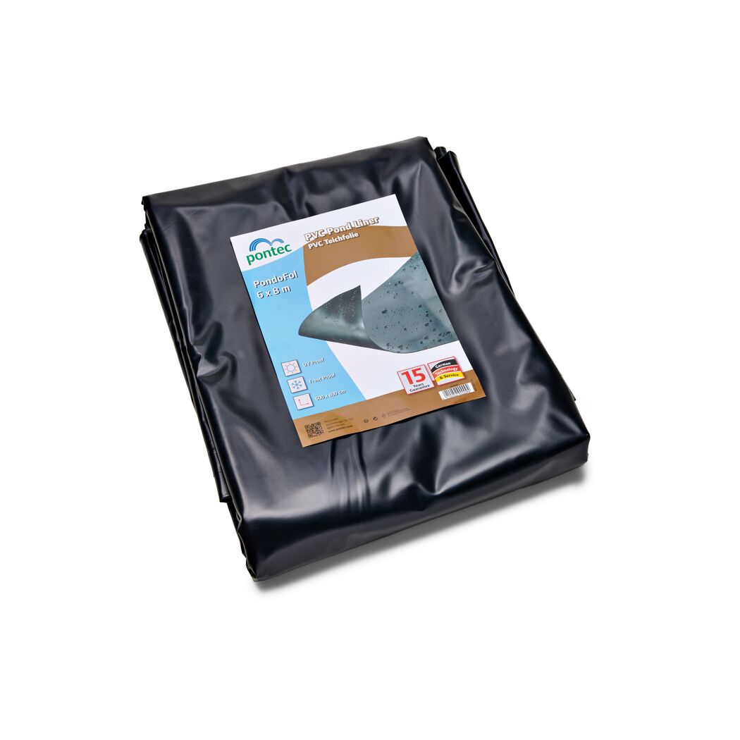 Schwarze Teichfolie von Pontec, gefaltet.