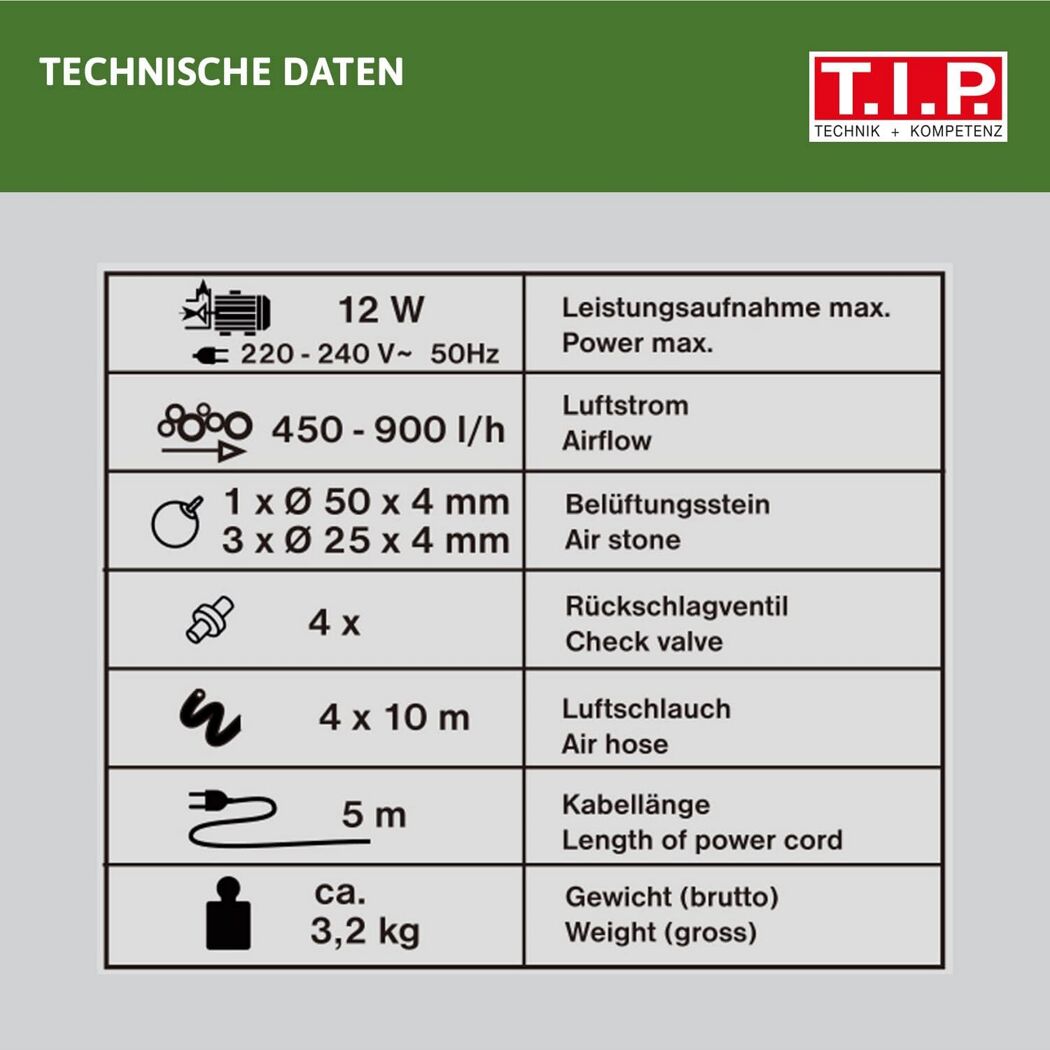 Technische Daten Teichbelüftungspumpe