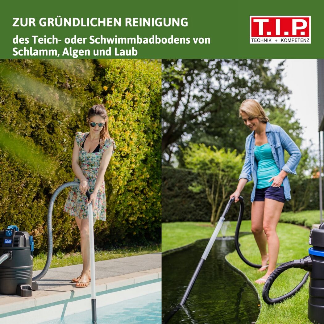Zwei Personen reinigen einen Pool und Teich mit einem Nass- und Trockensauger.