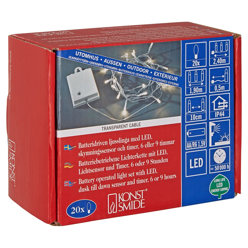 Batteriebetriebene LED-Lichterkette mit Timer, 20 LEDs, 2,4m