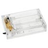 Transparentes Batteriefach für 3 Batterien.