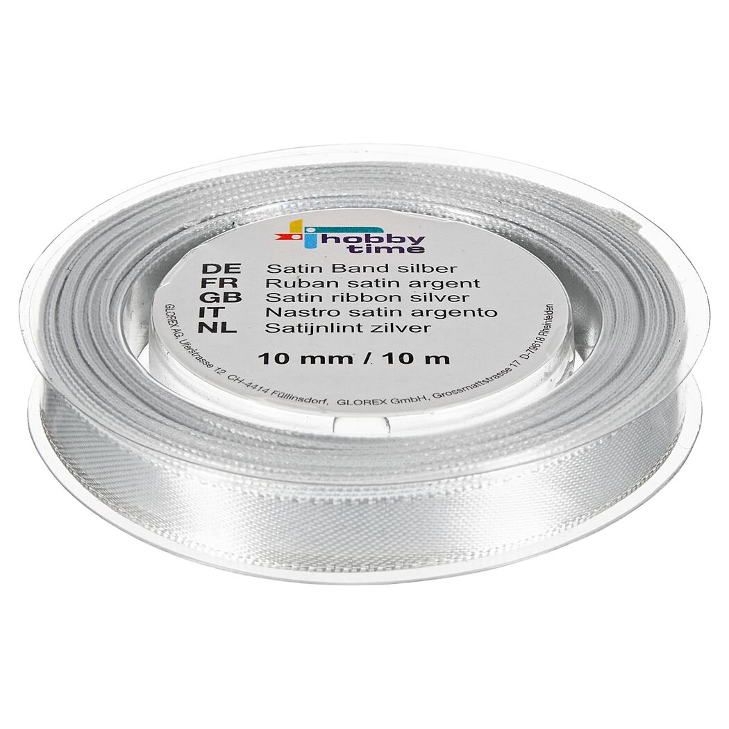 Silbernes Satinband auf Spule, 10 mm breit, 10 m lang