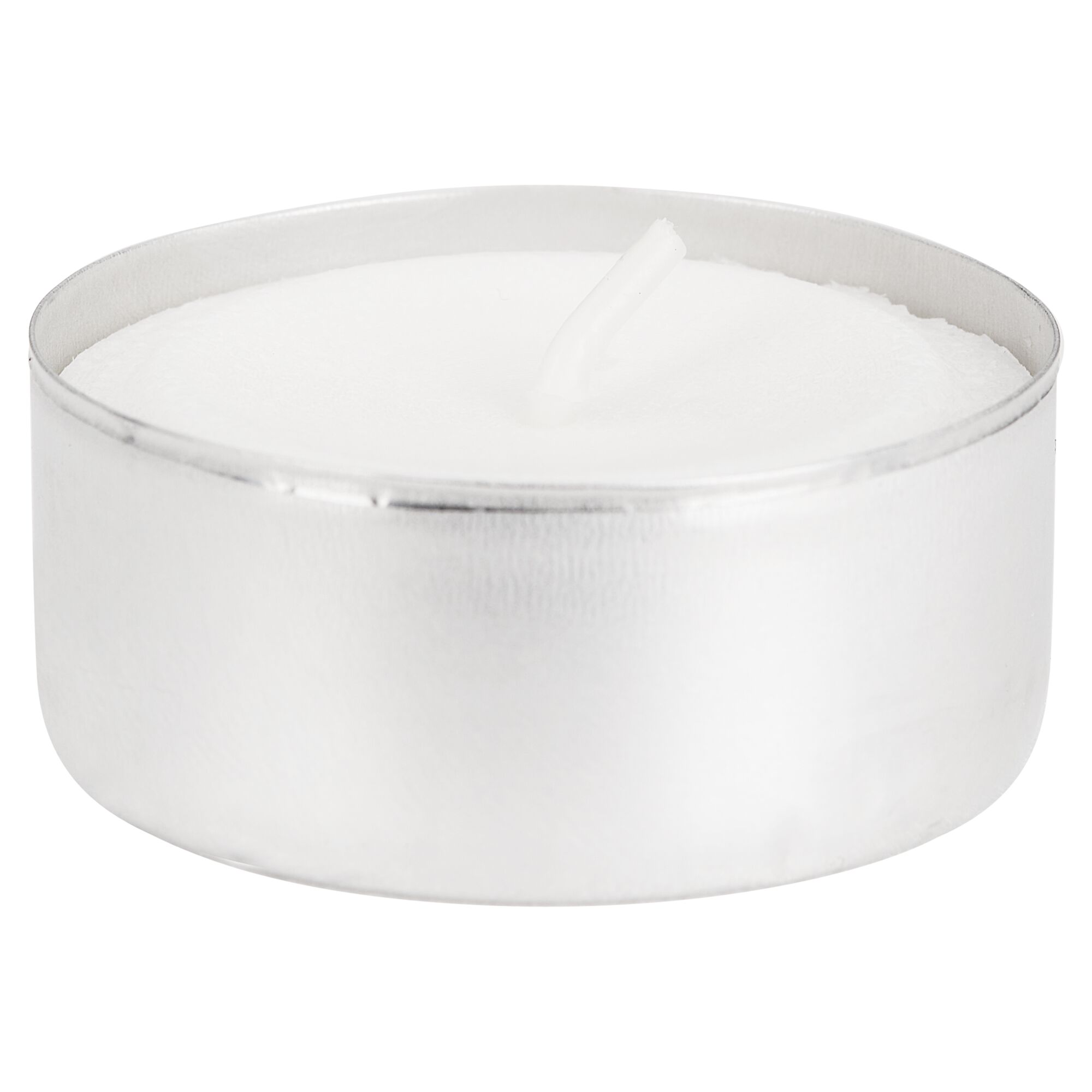 Weißes Teelicht in Metallhülle.