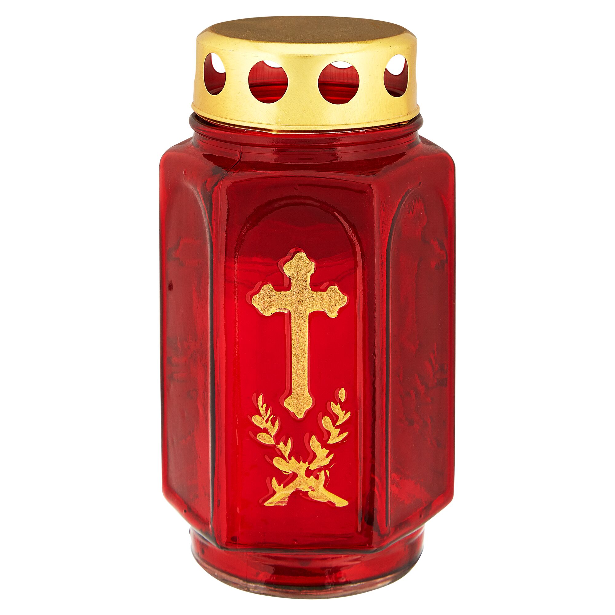Rote Grabkerze mit goldenem Kreuz