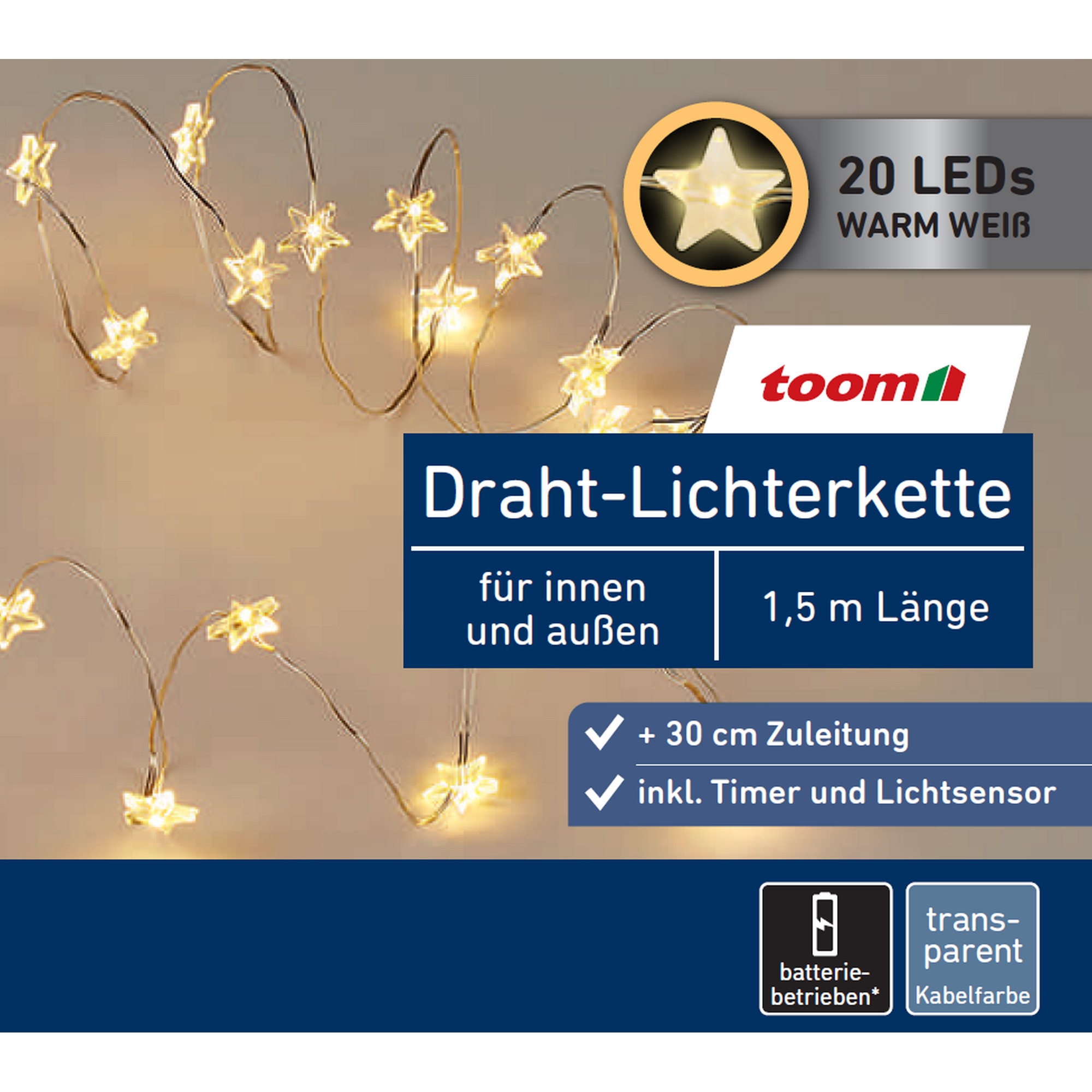 LED-Draht-Lichterkette 'Sterne' 20 LEDs warmweiß 150 cm + product picture