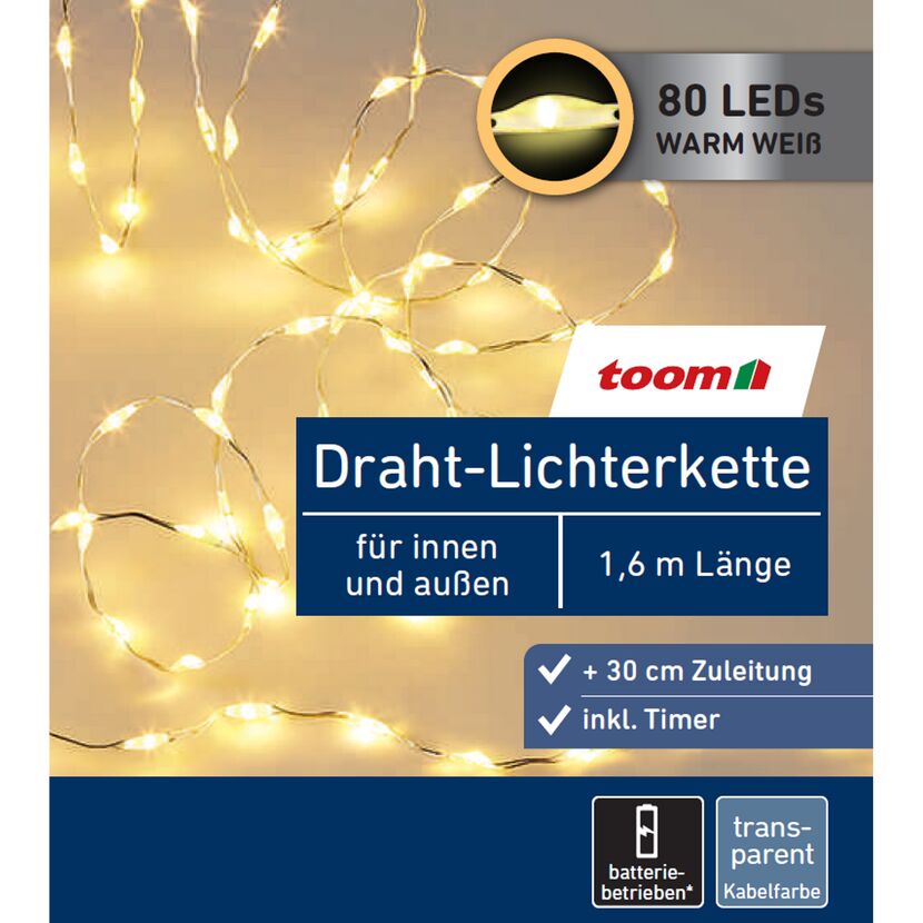 Draht-Lichterkette warmweiß, batteriebetrieben, 80 LEDs