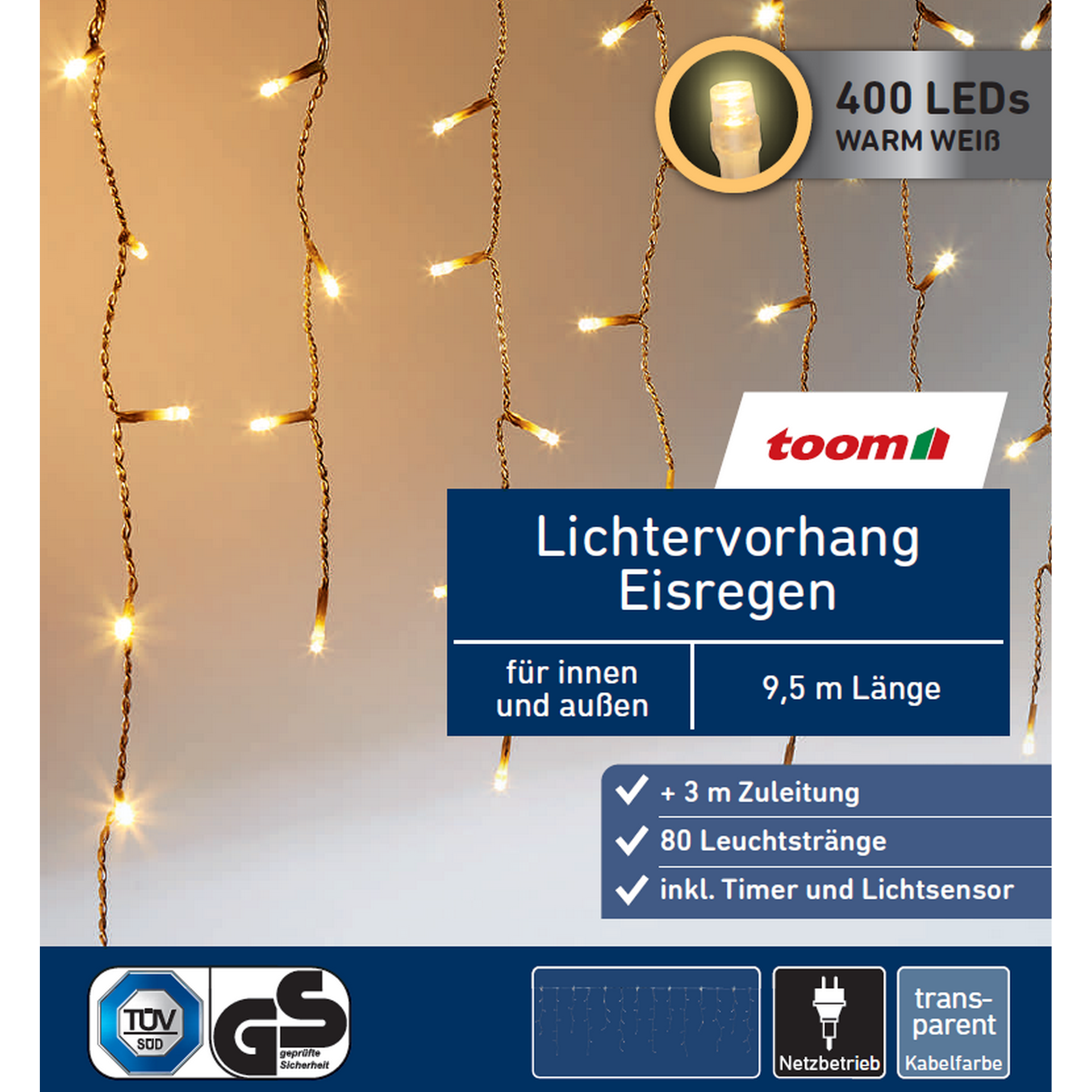 LED-Lichtervorhang 'Eisregen' 400 LEDs warmweiß 80 Stränge 950 cm + product picture