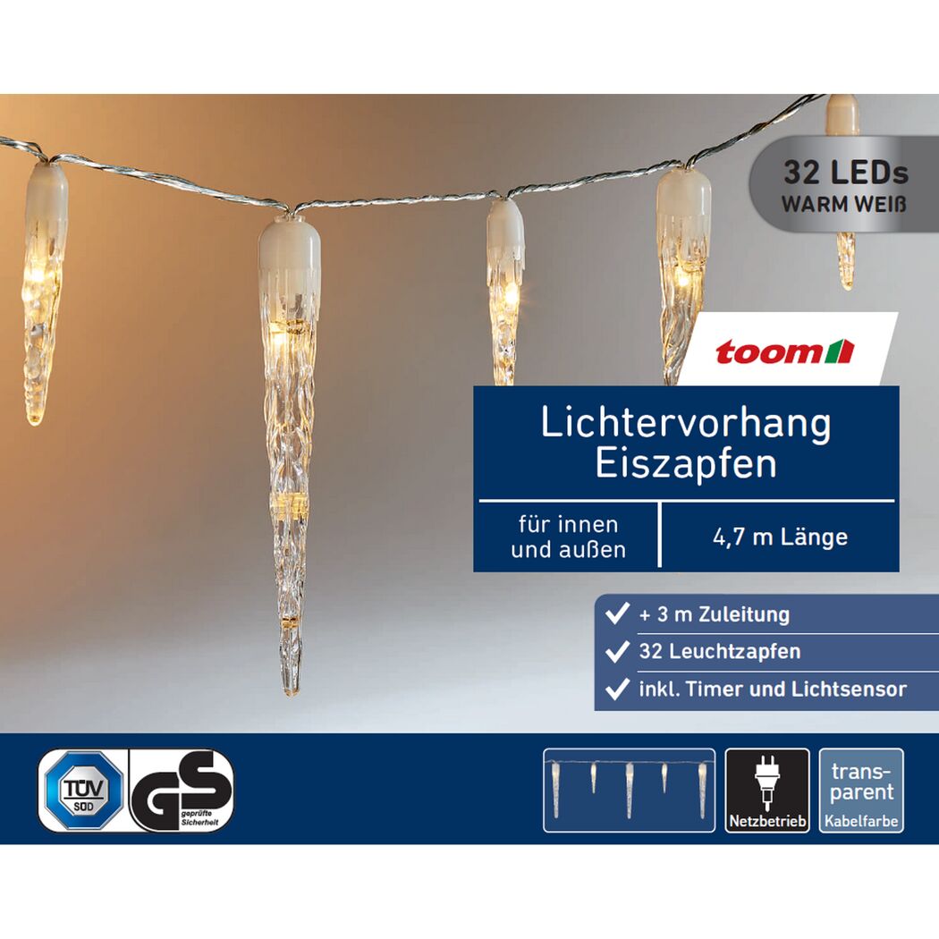 LED-Lichtervorhang 'Eiszapfen' 32 LEDs warmweiß 470 cm