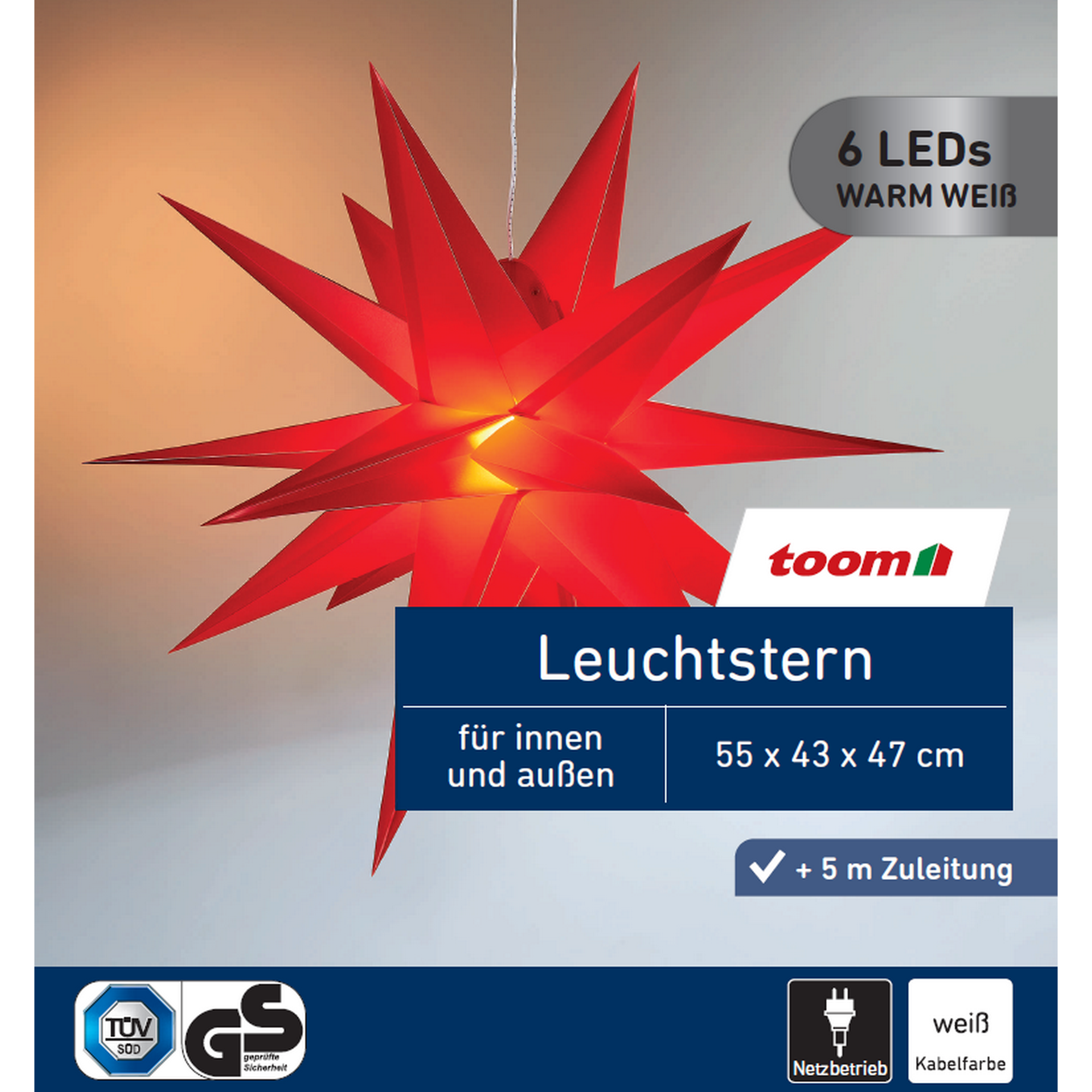 LED-Leuchtstern rot 6 LEDs warmweiß 55 x 43 x 47 cm + product picture
