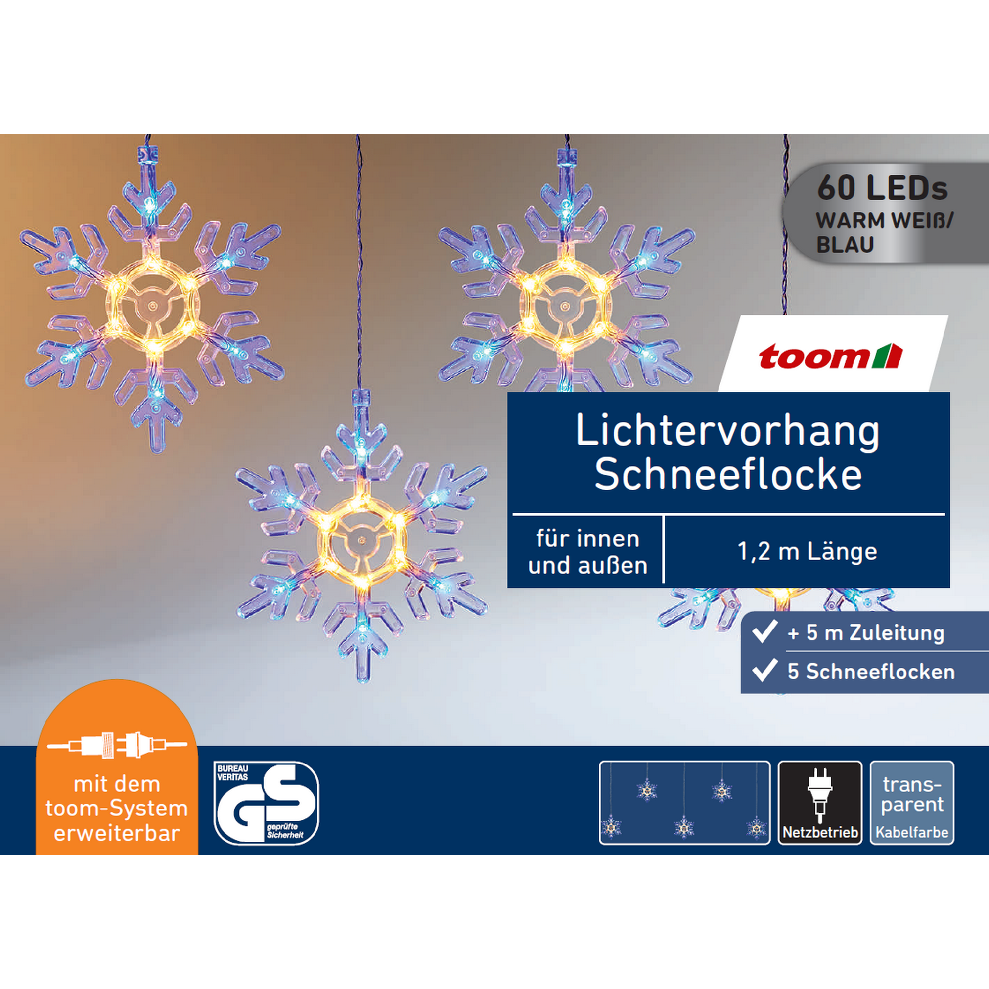 toom LED-Lichtervorhang &amp;#39;Schneeflocke&amp;#39; 60 LEDs warmweiß/blau 120 cm
