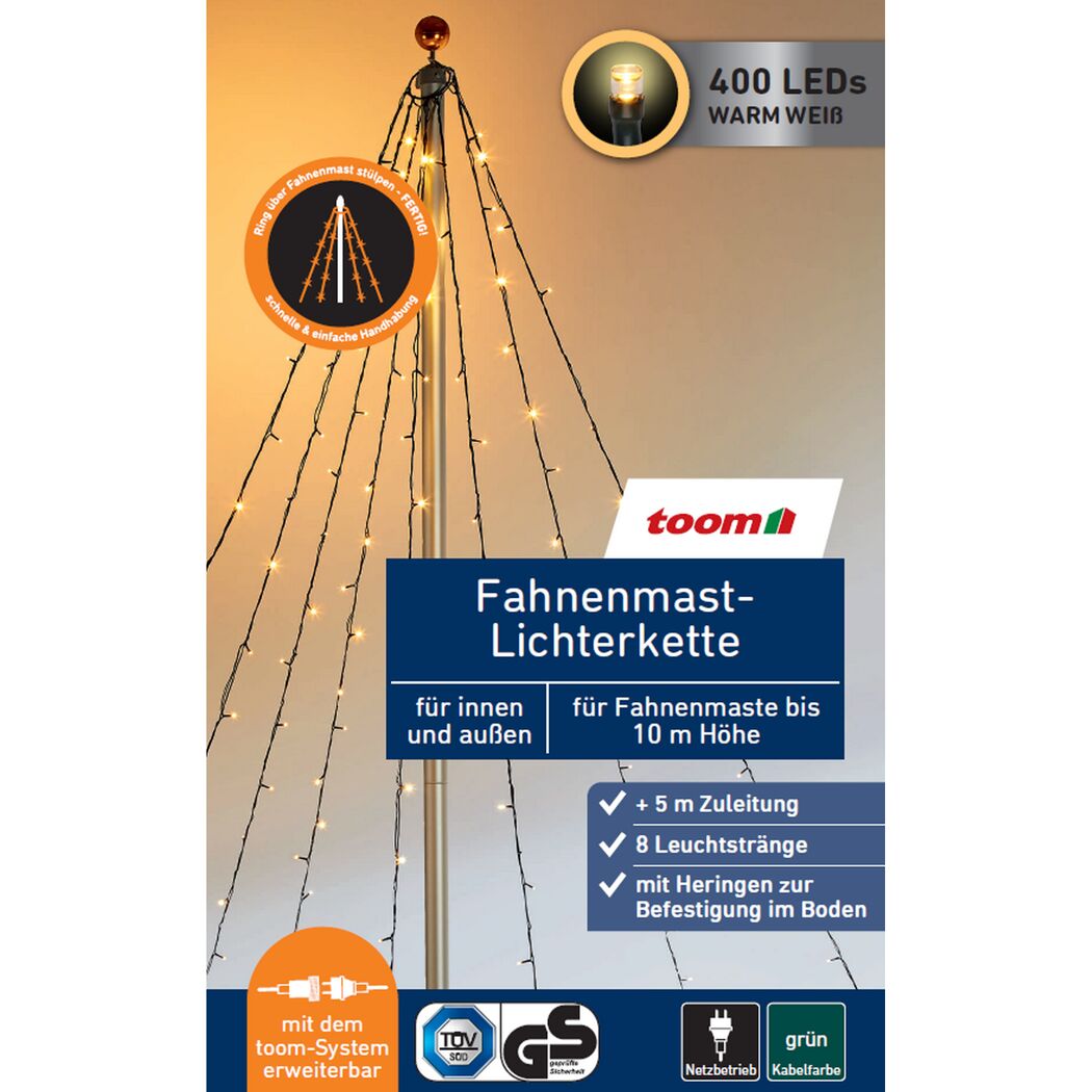 LED-Fahnenmast-Lichterkette 400 LEDs warmweiß 8 Stränge 800 cm