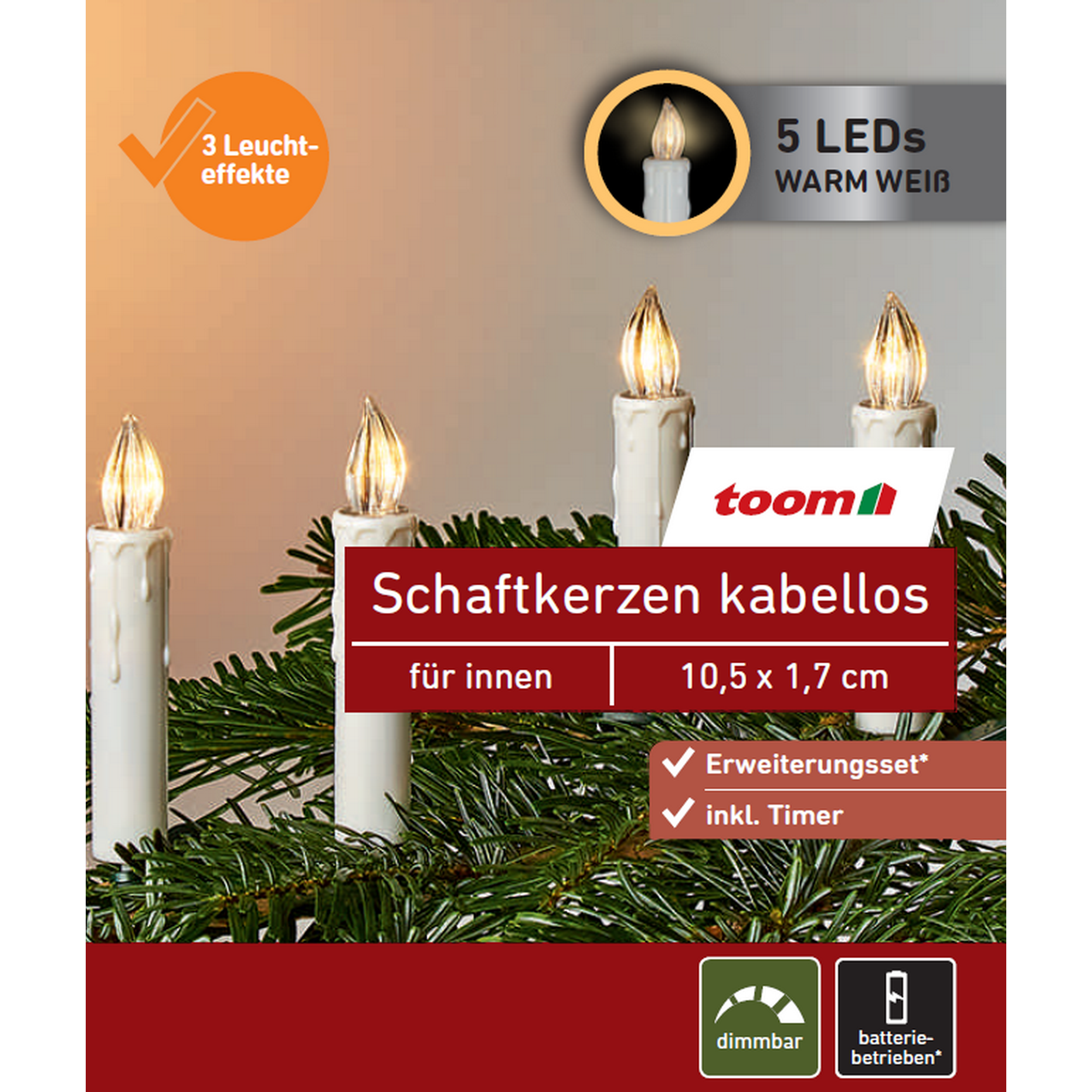 LED-Schaftkerzen-Erweiterungs-Set 5 LEDs warmweiß Ø 1,7 x 10,5 cm 5 Stück + product picture