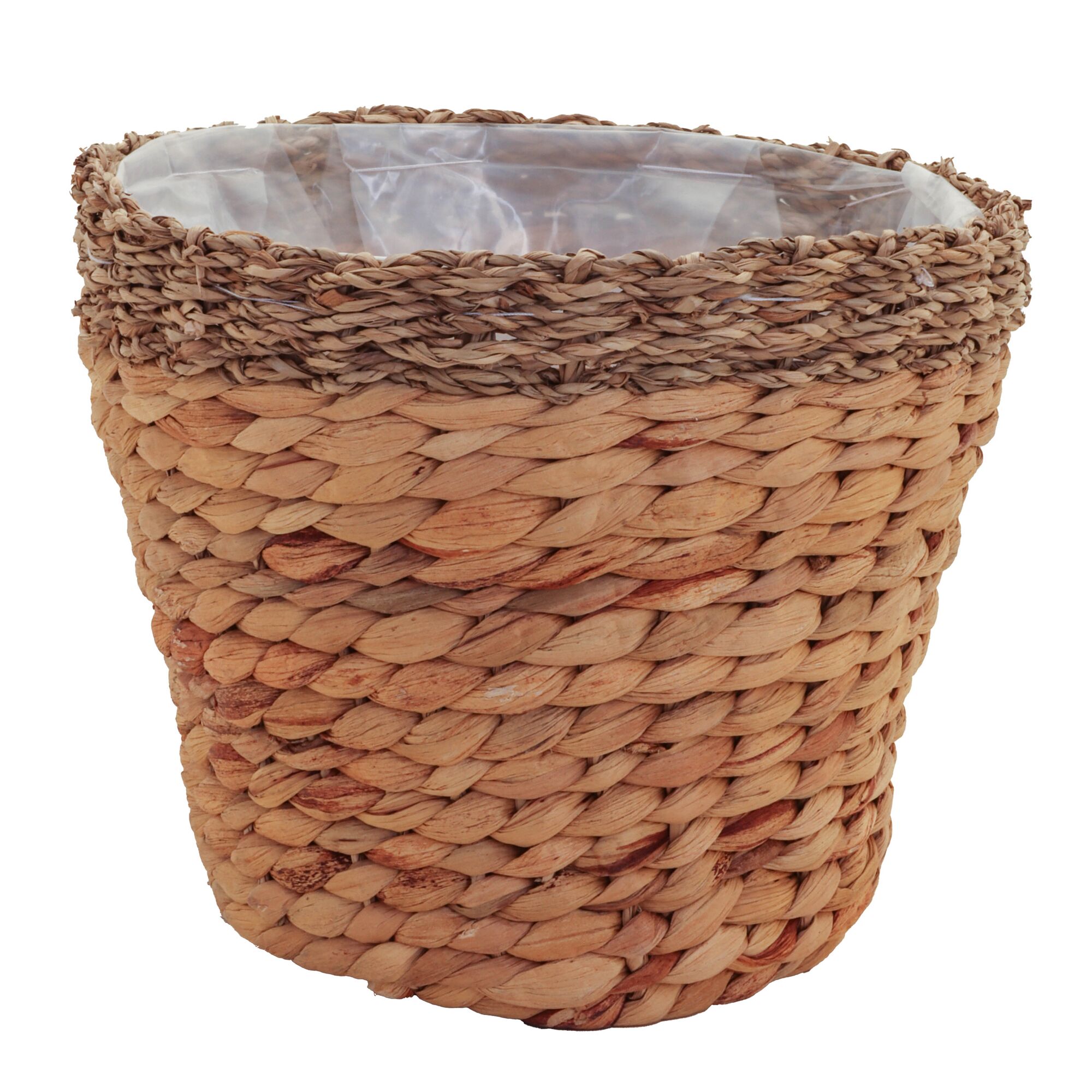 Geflochtener Übertopf aus Wasserhyazinthe mit Kunststoffeinsatz.