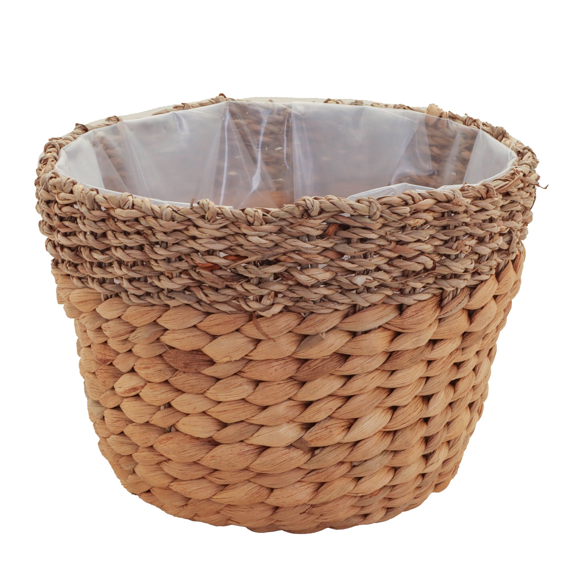 Geflochtener Übertopf aus Wasserhyazinthe mit Kunststoffeinsatz