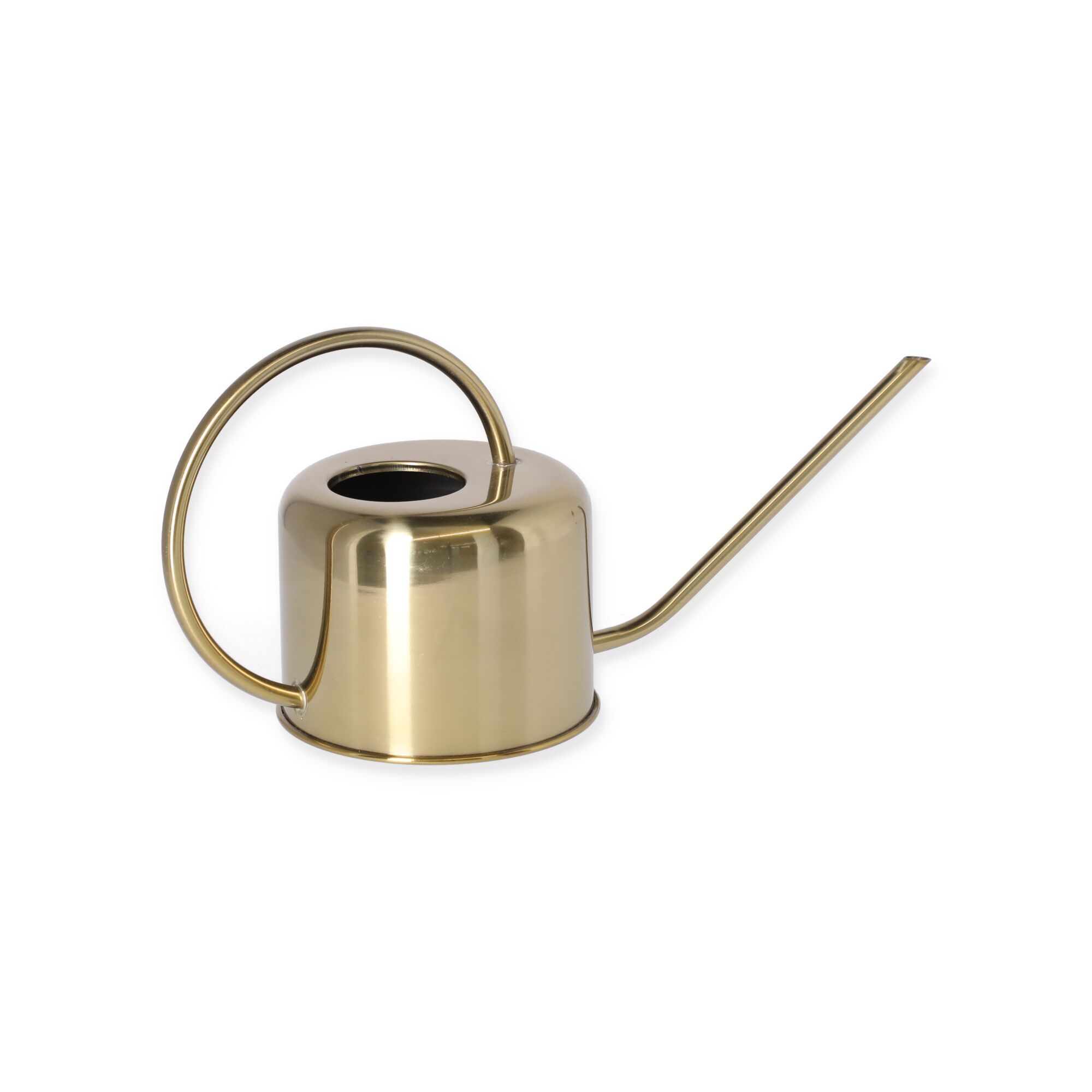 Goldene Gießkanne mit rundem Griff und langem Ausguss.