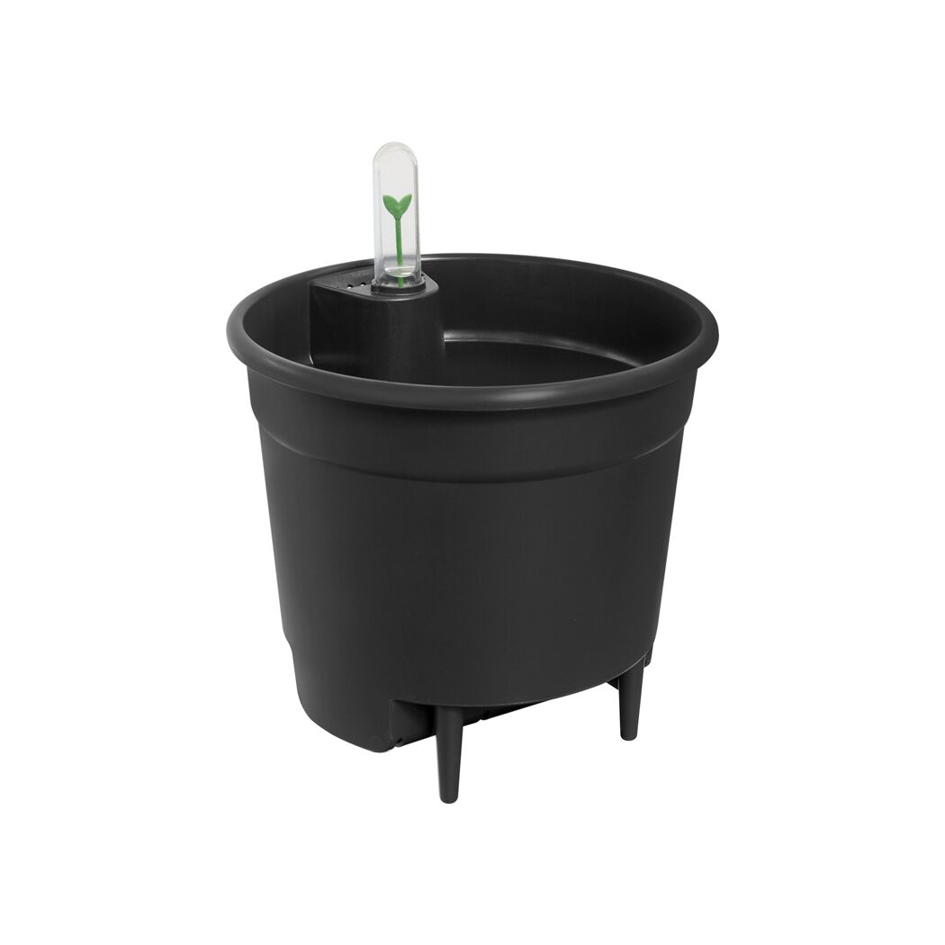 Schwarzer Blumentopf mit Bewässerungssystem und Pflanze