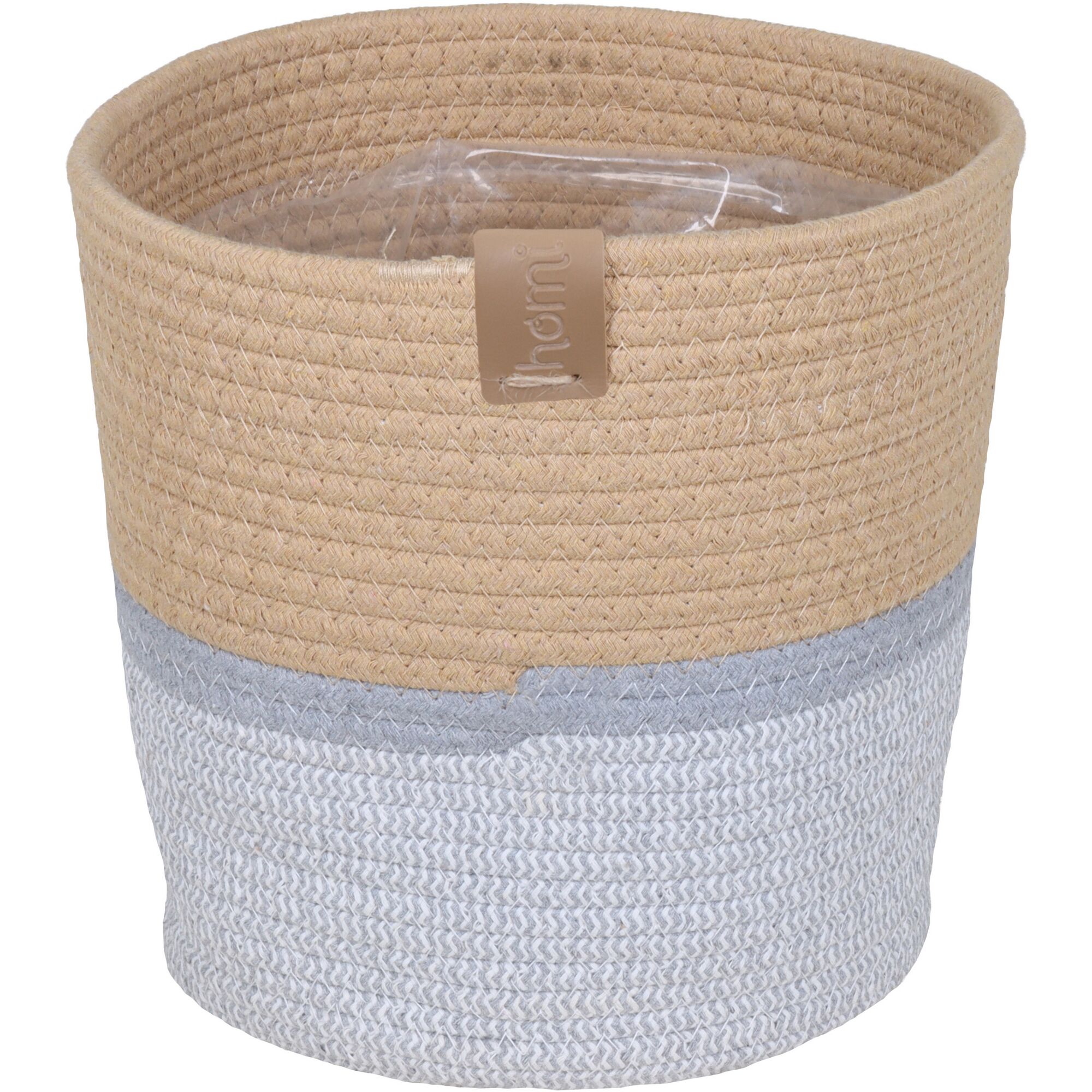 Beigefarbener Übertopf mit grauem Rand