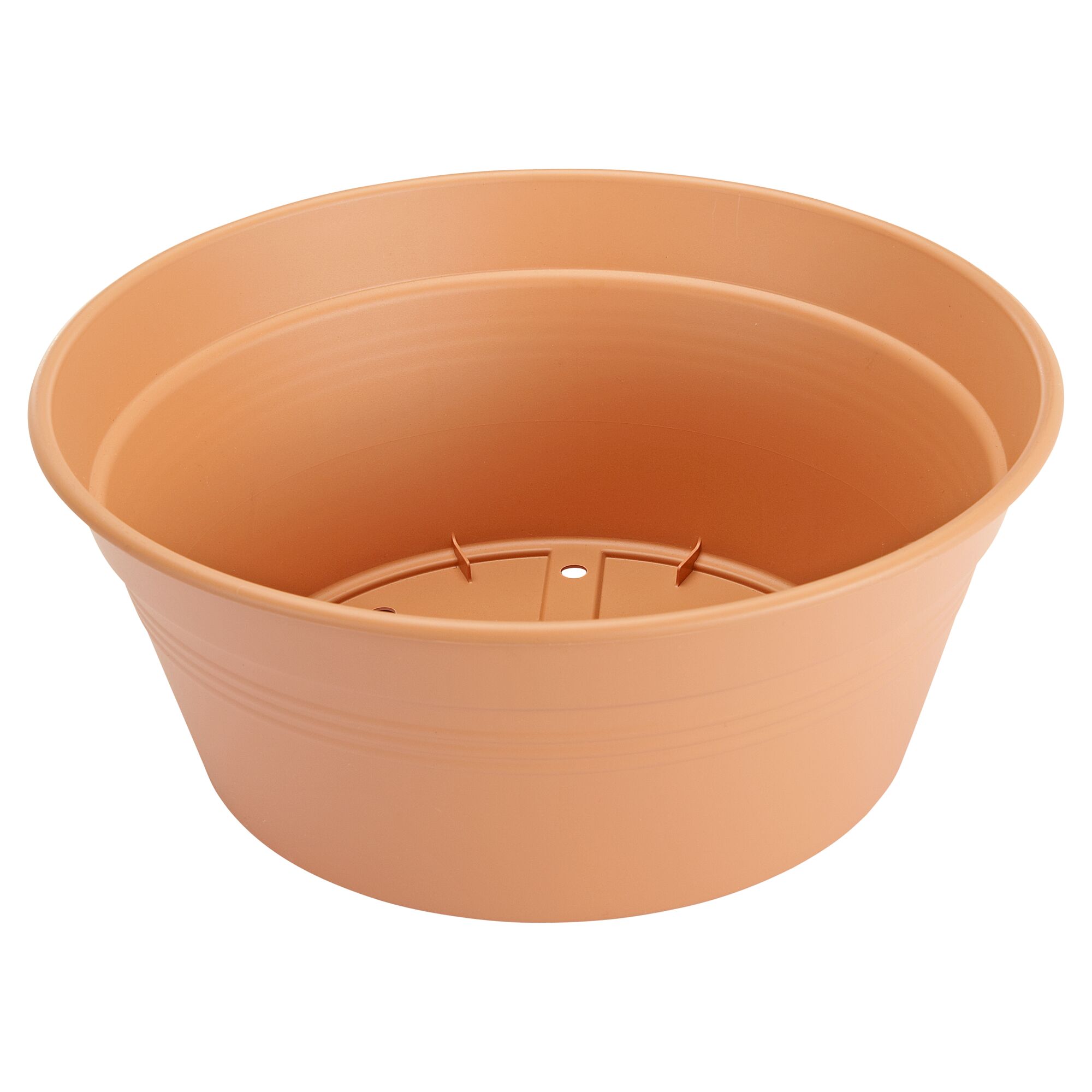 Leerer, runder, terrakottafarbener Blumentopf