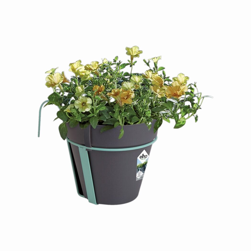 Anthraziter Blumentopf mit gelben Blumen und hellgrünem Halter