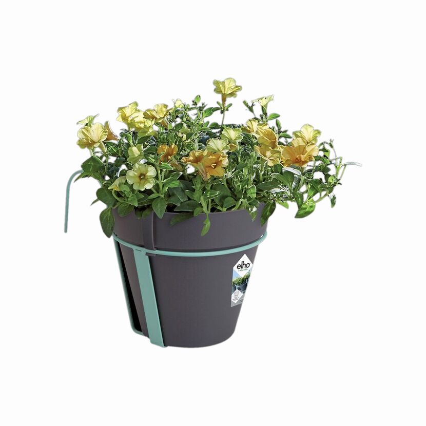 Anthraziter Blumentopf mit gelben Blumen und hellgrünem Halter