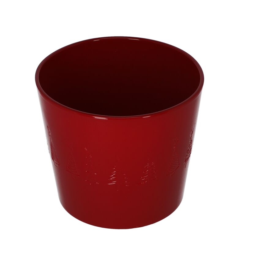 Roter Übertopf mit Tannenbaum-Motiv