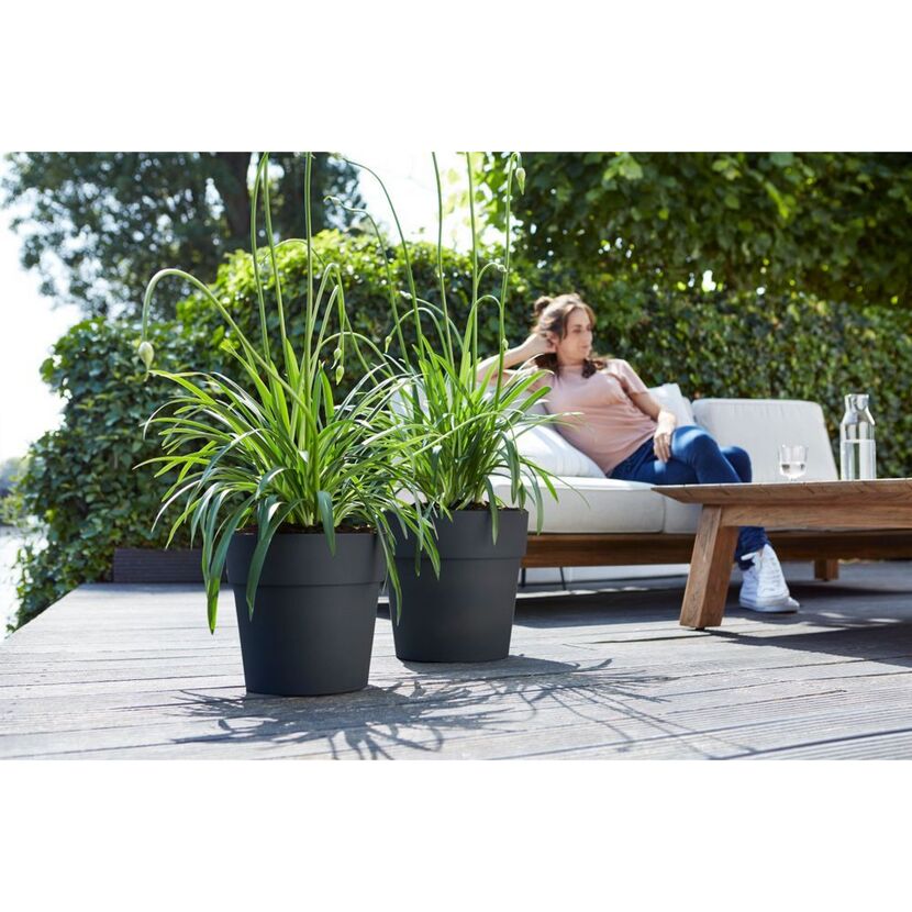 Zwei Blumentöpfe auf Terrasse