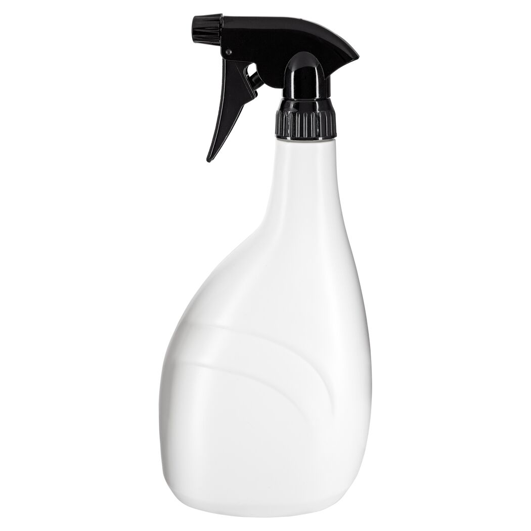 Weiße Sprühflasche mit schwarzem Sprühkopf.