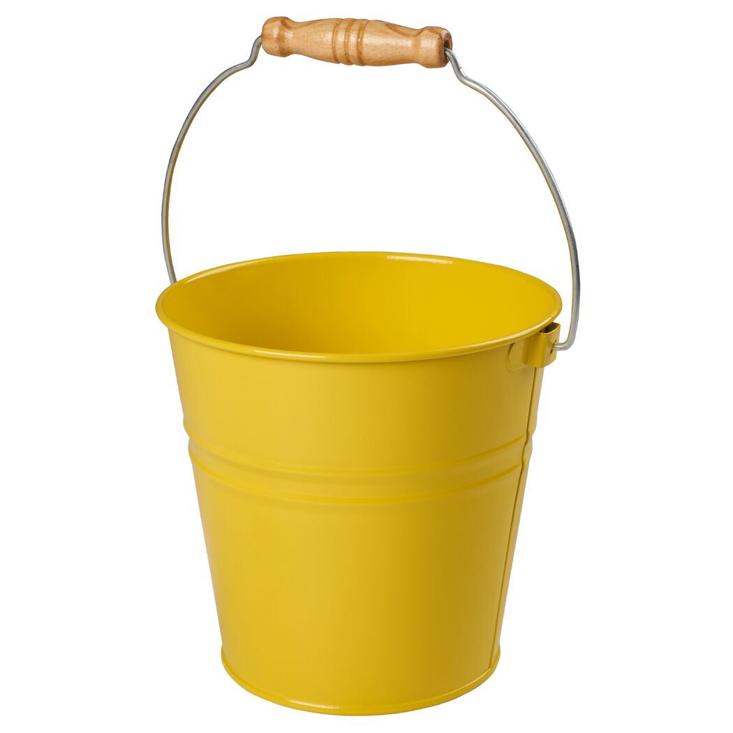 Gelber Metalleimer mit Holzgriff
