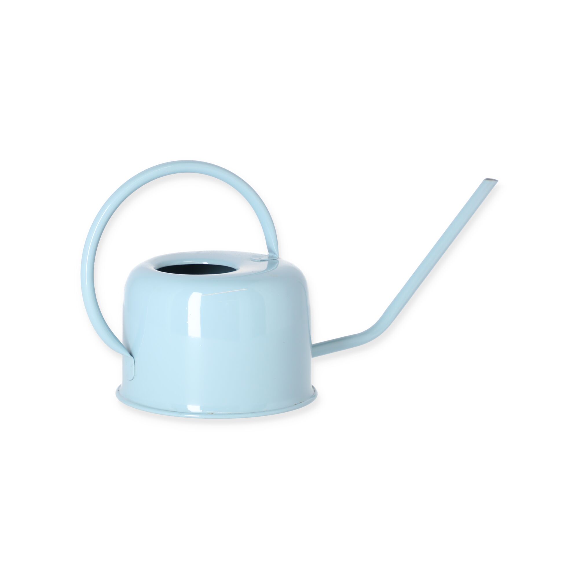 Hellblaue Gießkanne vor weißem Hintergrund.