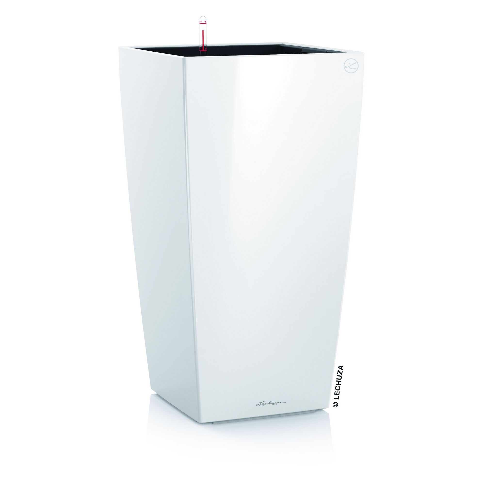 Weißer Lechuza Pflanzkübel Cubico mit Wasserstandsanzeiger.