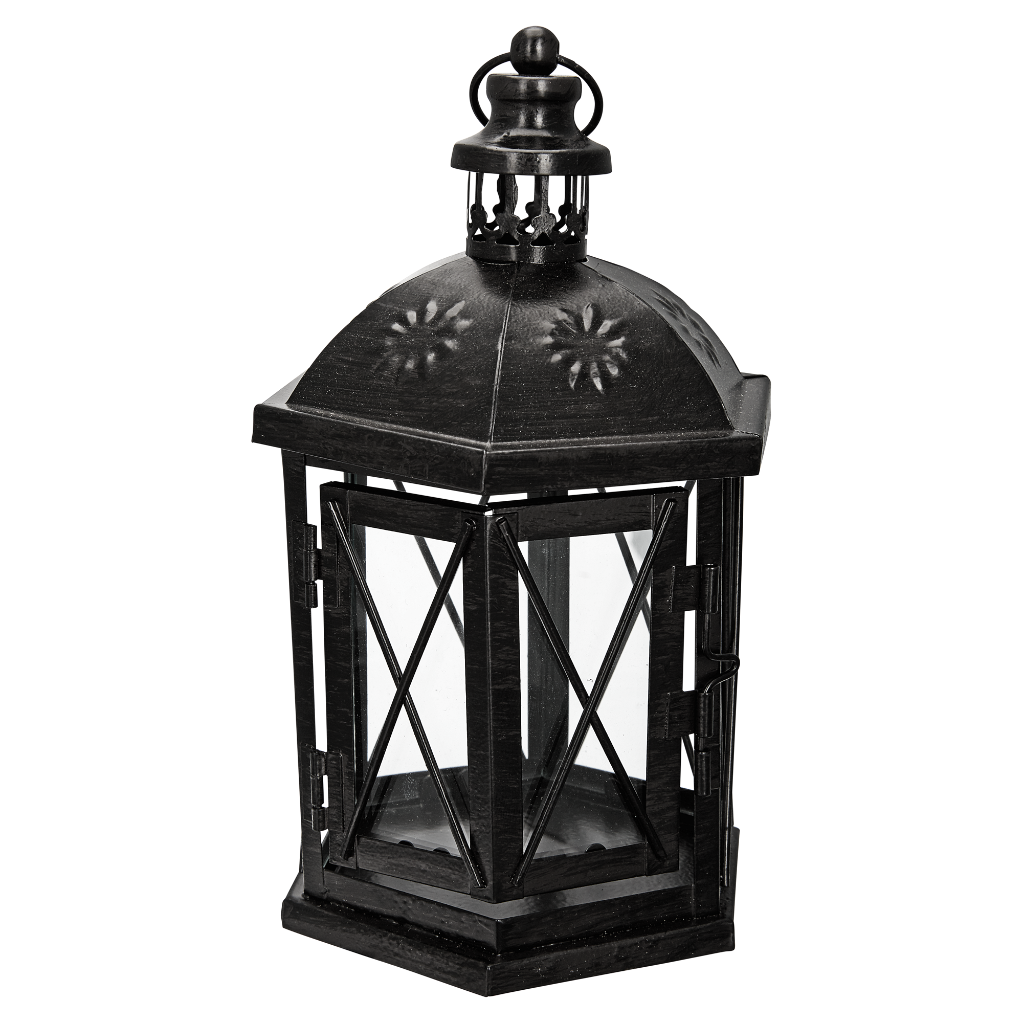 Schwarze Metall-Laterne mit Glaseinsätzen und Tragegriff