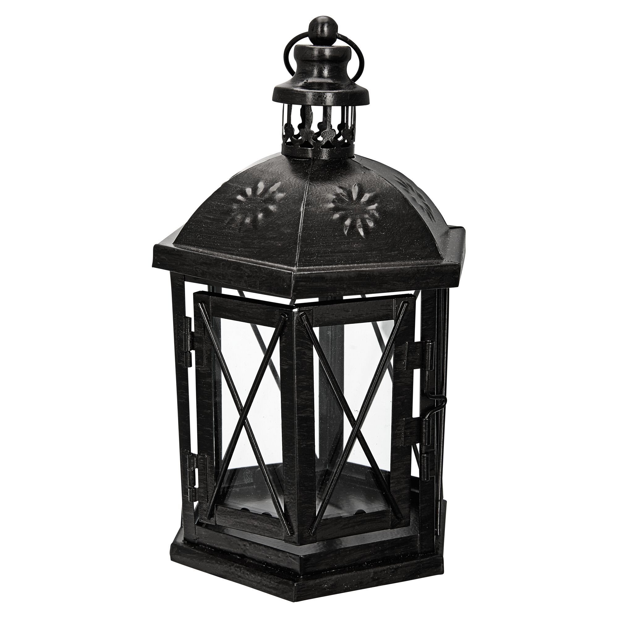 Schwarze Metall-Laterne mit Glaseinsätzen und Tragegriff