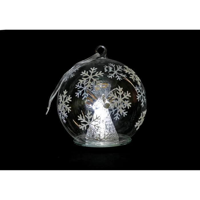Glaskugel mit Engel LED warmweiß 12cm
