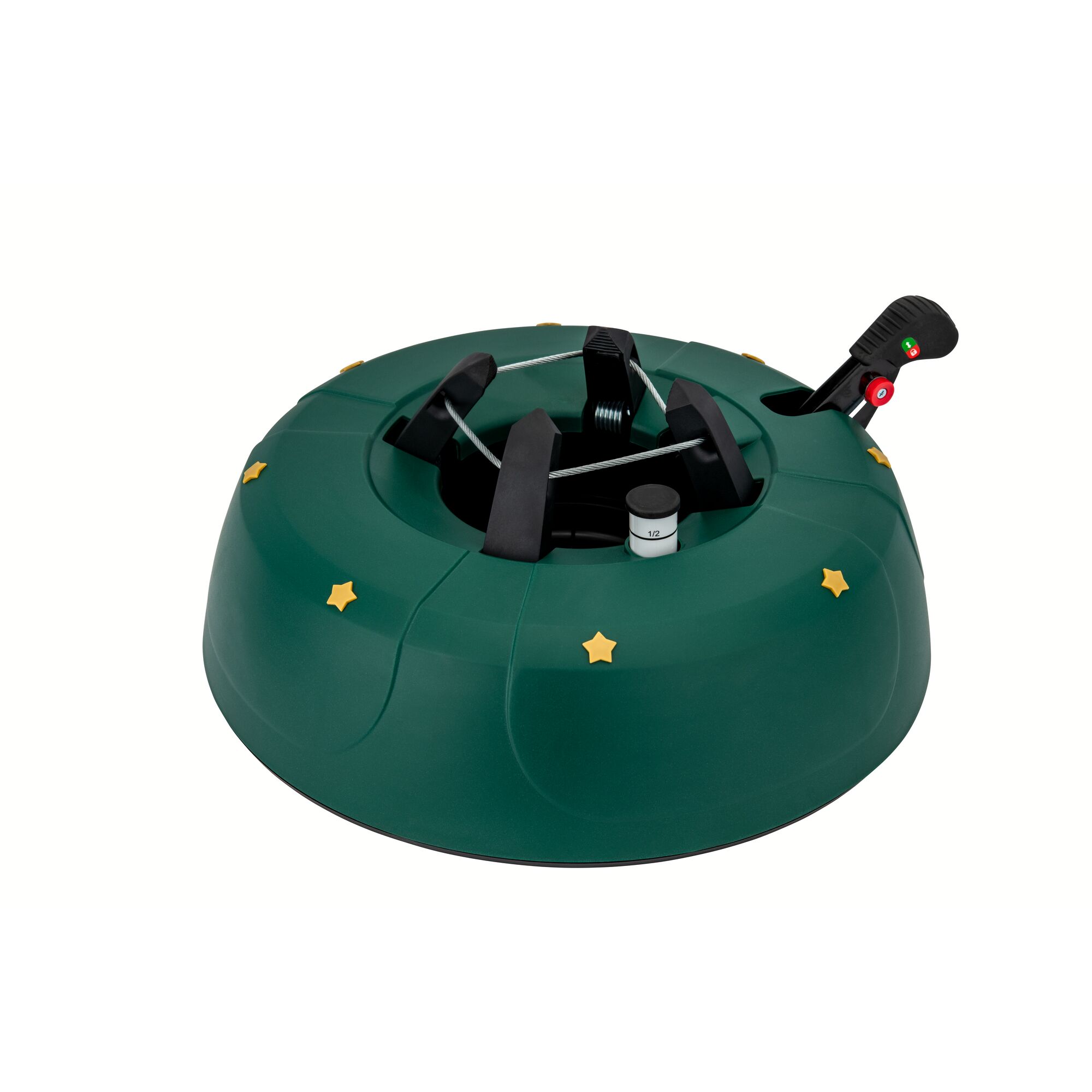 Grüner Weihnachtsbaumständer mit Fußhebel.