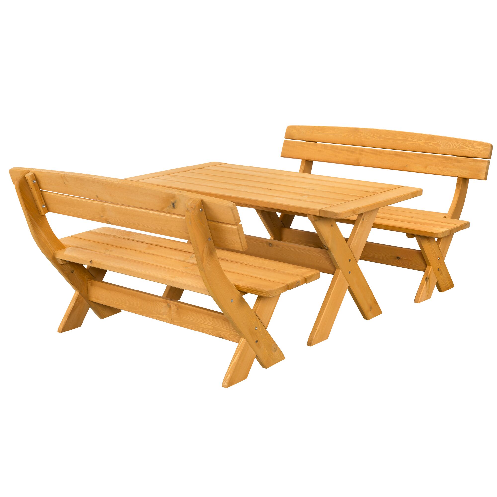 Holztisch mit zwei Bänken in Honigbraun