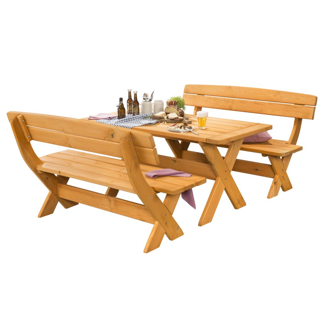 Holztisch mit zwei Bänken und gedecktem Tisch.