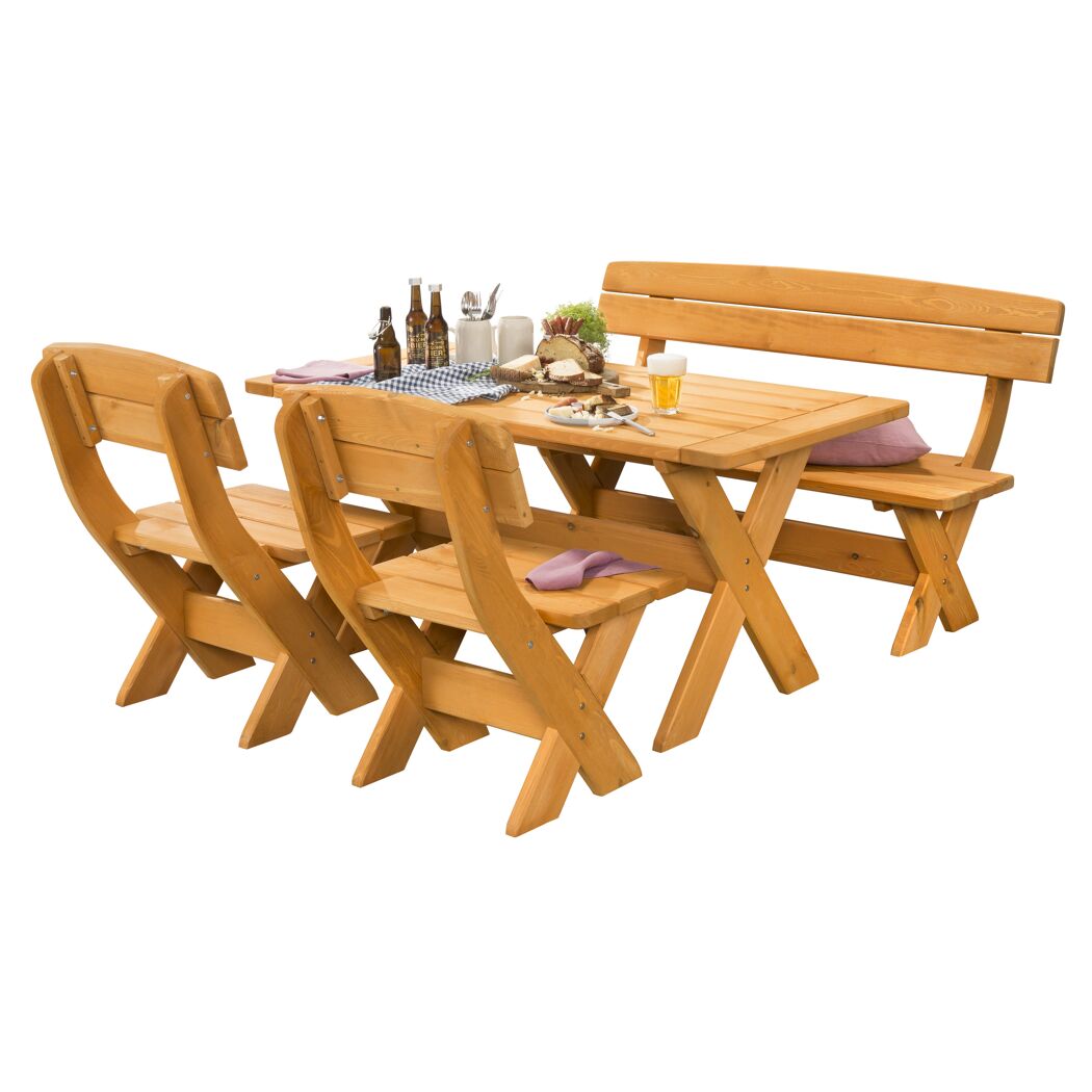 Holztisch mit zwei Stühlen und einer Bank