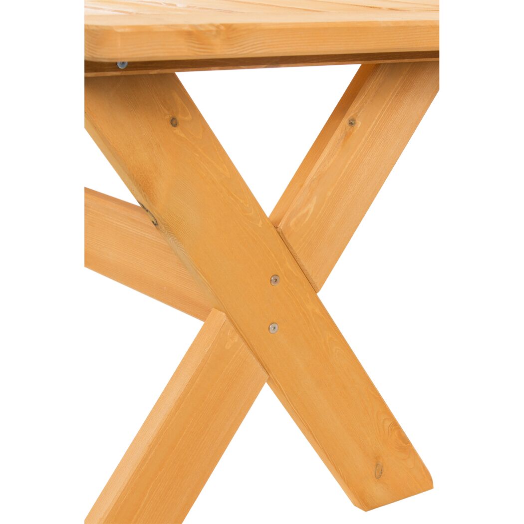 Kreuzförmige Tischbeine aus Holz.