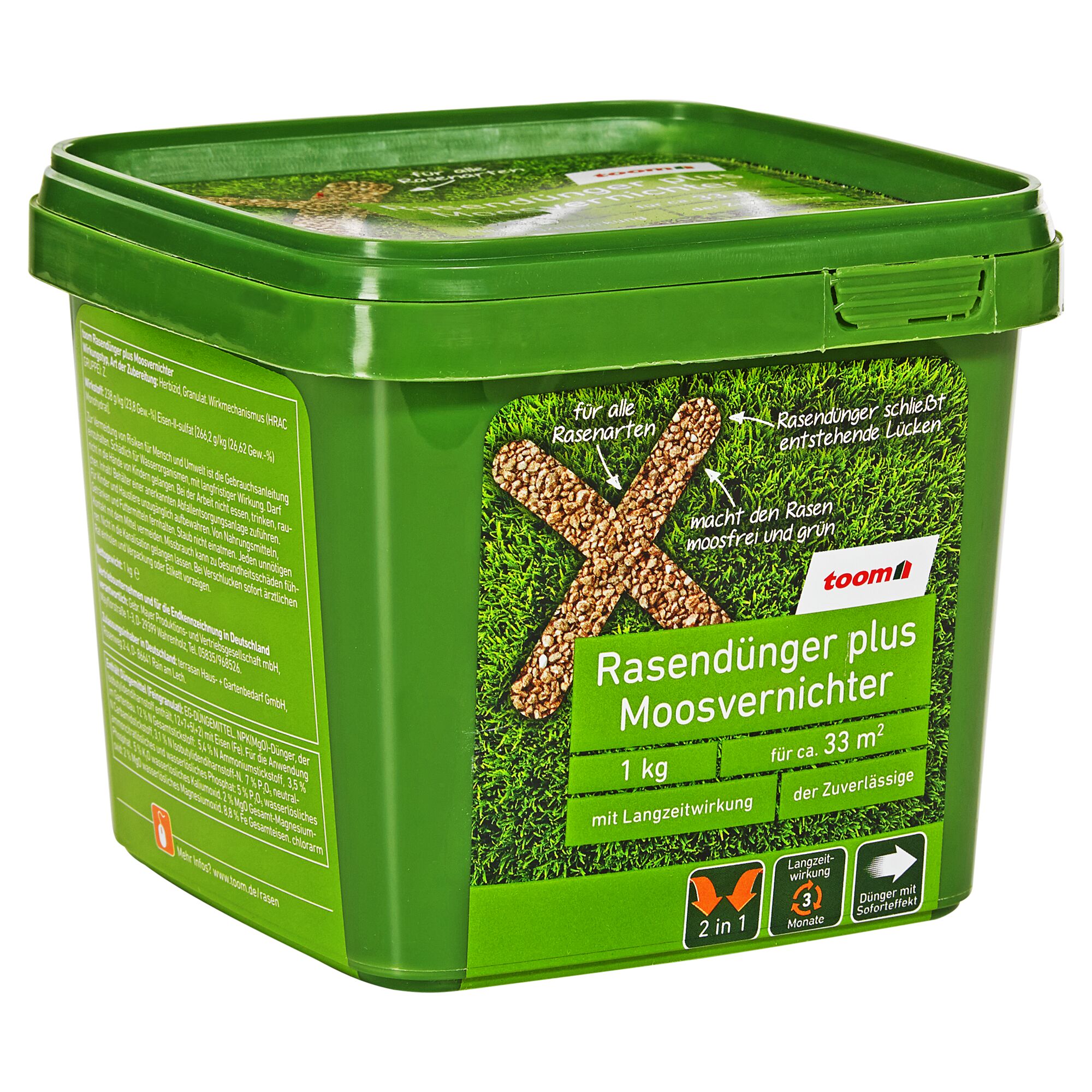 Grüne Dose mit toom Rasendünger plus Moosvernichter