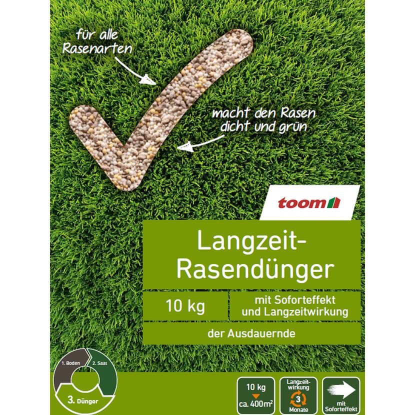 Toom Langzeit-Rasendünger für dichten, grünen Rasen.