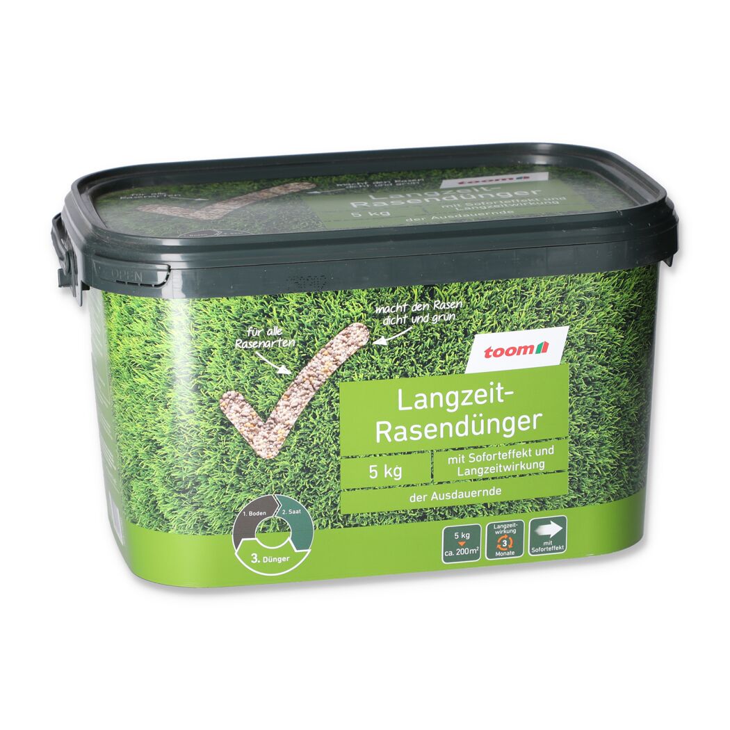 Grüne 5 kg Dose Toom Langzeit-Rasendünger