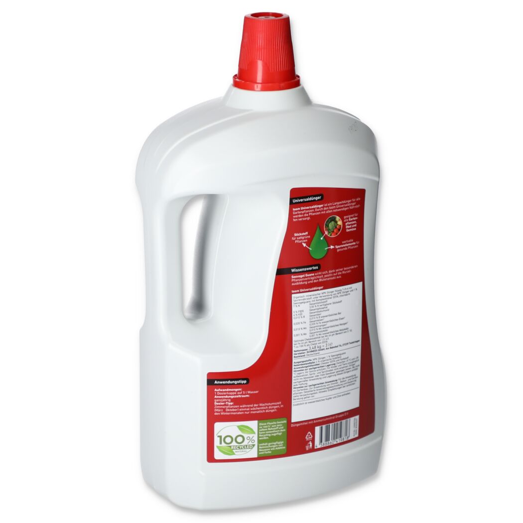 Weiße Flasche mit rotem Deckel und Etikett.