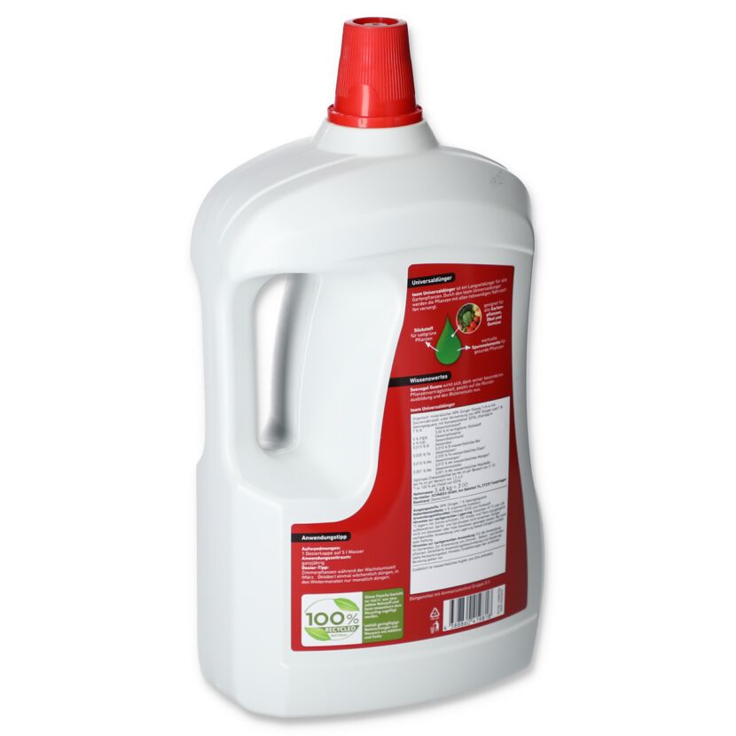 Weiße Flasche mit rotem Deckel und Etikett.
