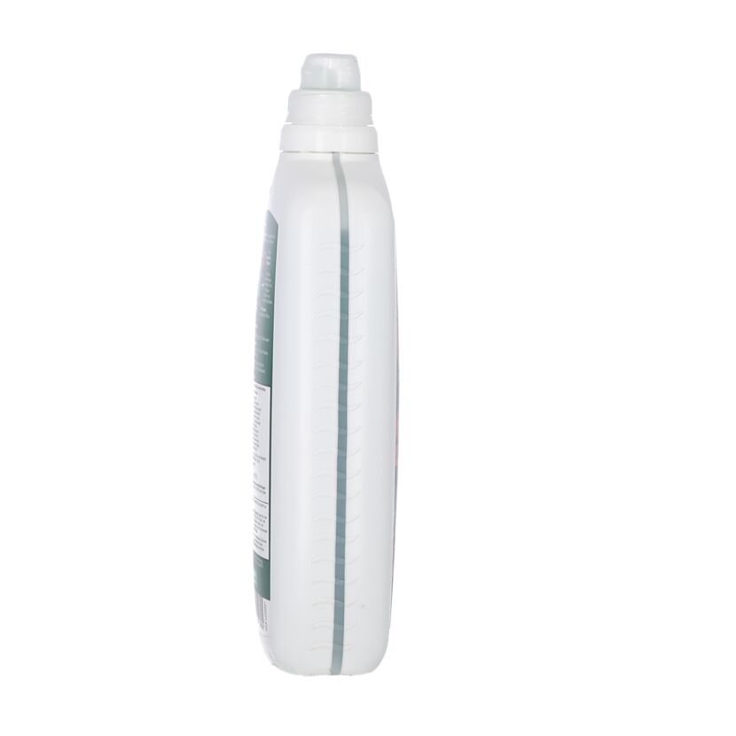 Weiße Flasche mit grünem Etikett und Dosierkappe.