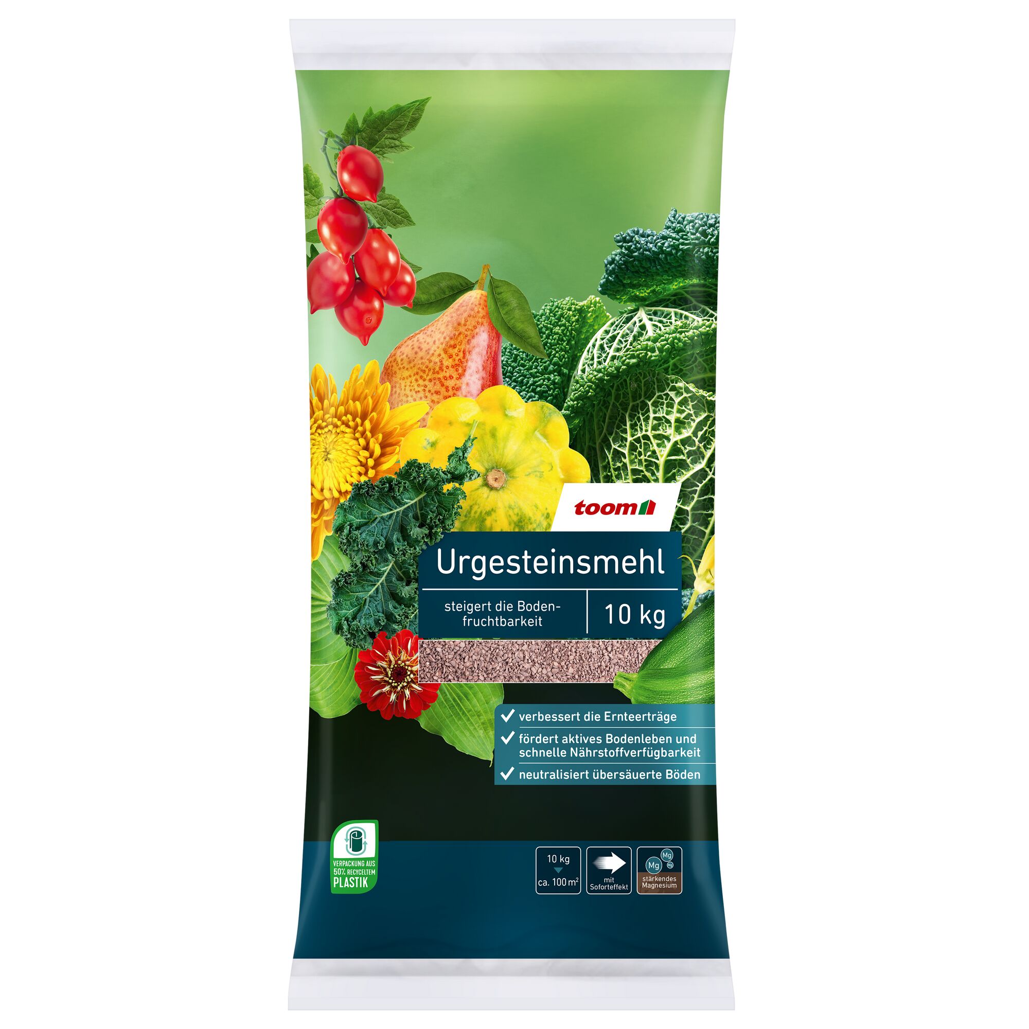 Toom Urgesteinsmehl 10 kg Verpackung mit Gemüse und Blumen