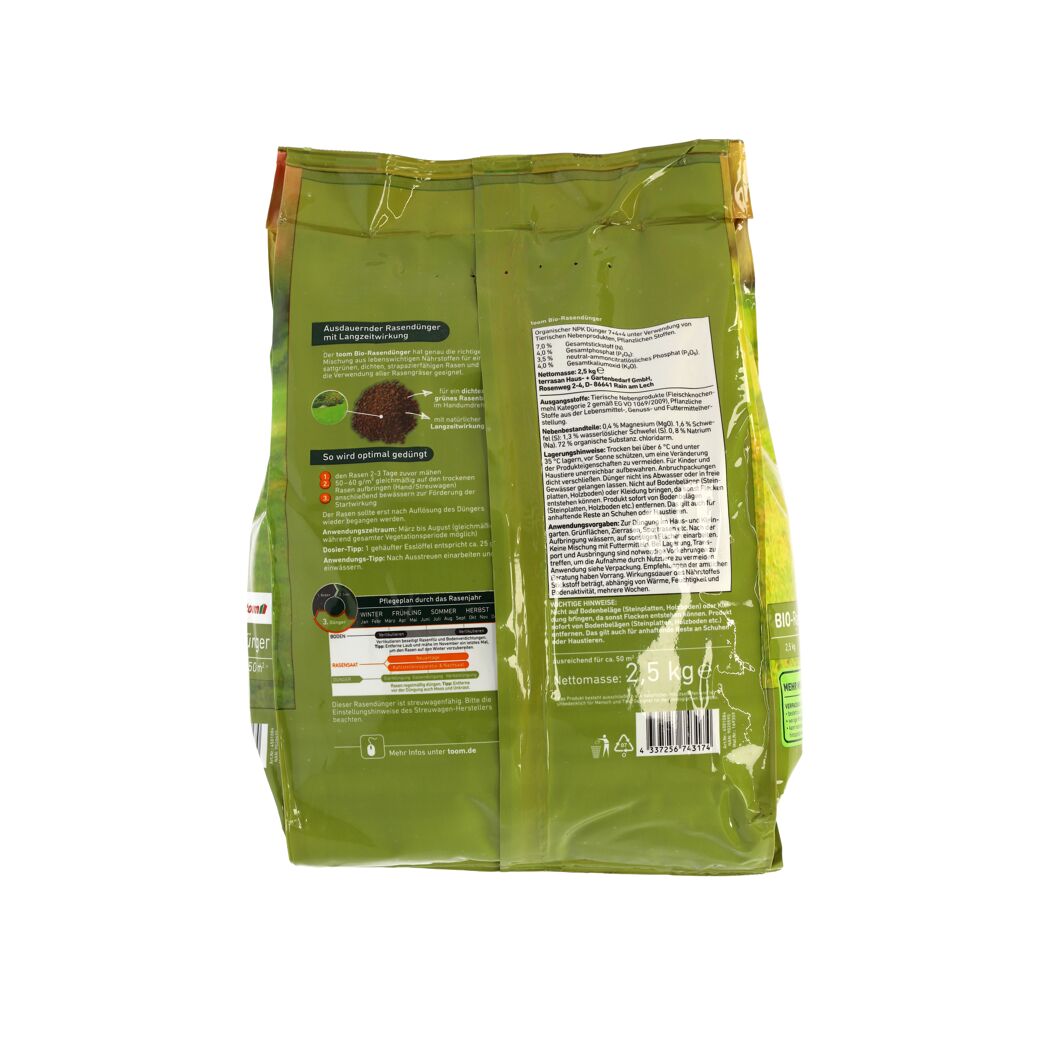 Rückseite einer 2,5-kg-Packung Bio-Rasendünger von toom
